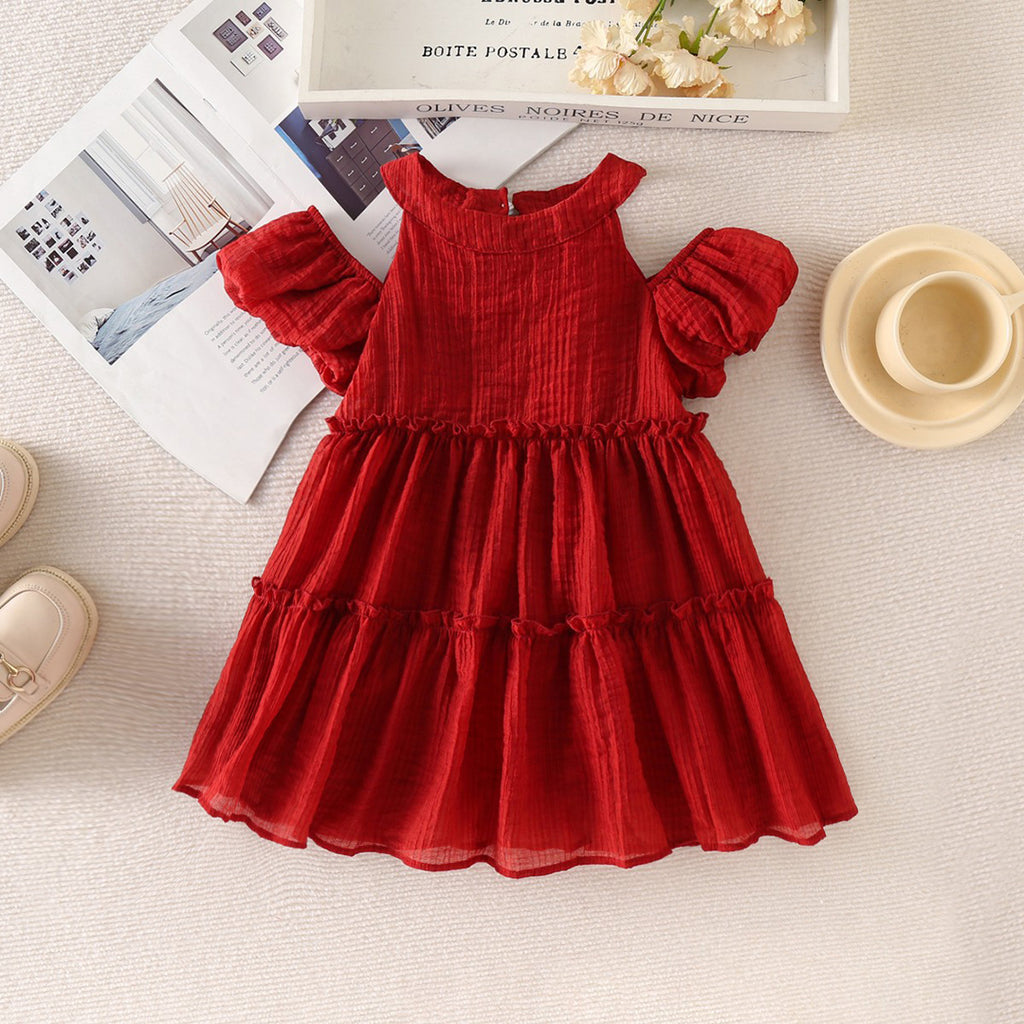 Girls Red Textured Halter Neck Cold-Shoulder Tiered Dress Casual Dresses Red 1-2 Y 