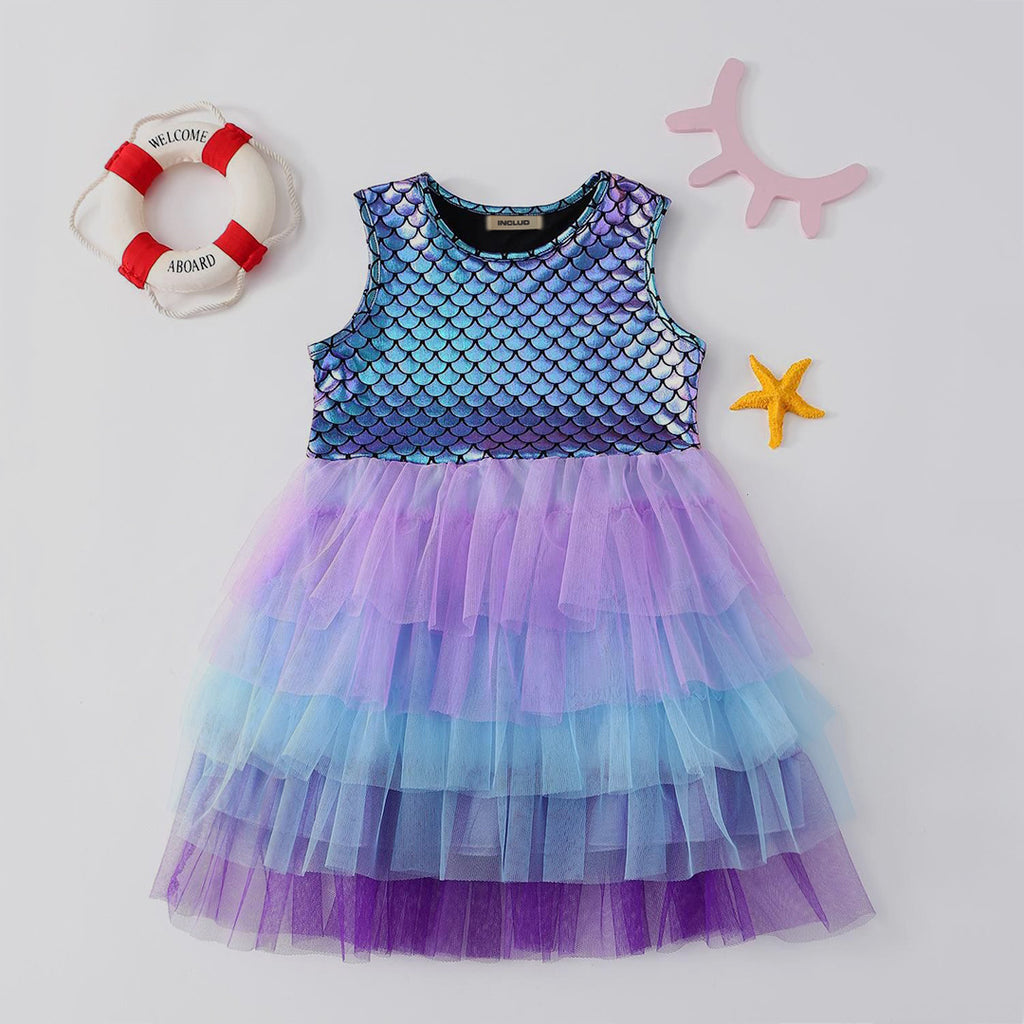 Girls Mermaid Inspired Sleeveless Tiered Tulle Dress Casual Dresses Purple 1-2 Y 