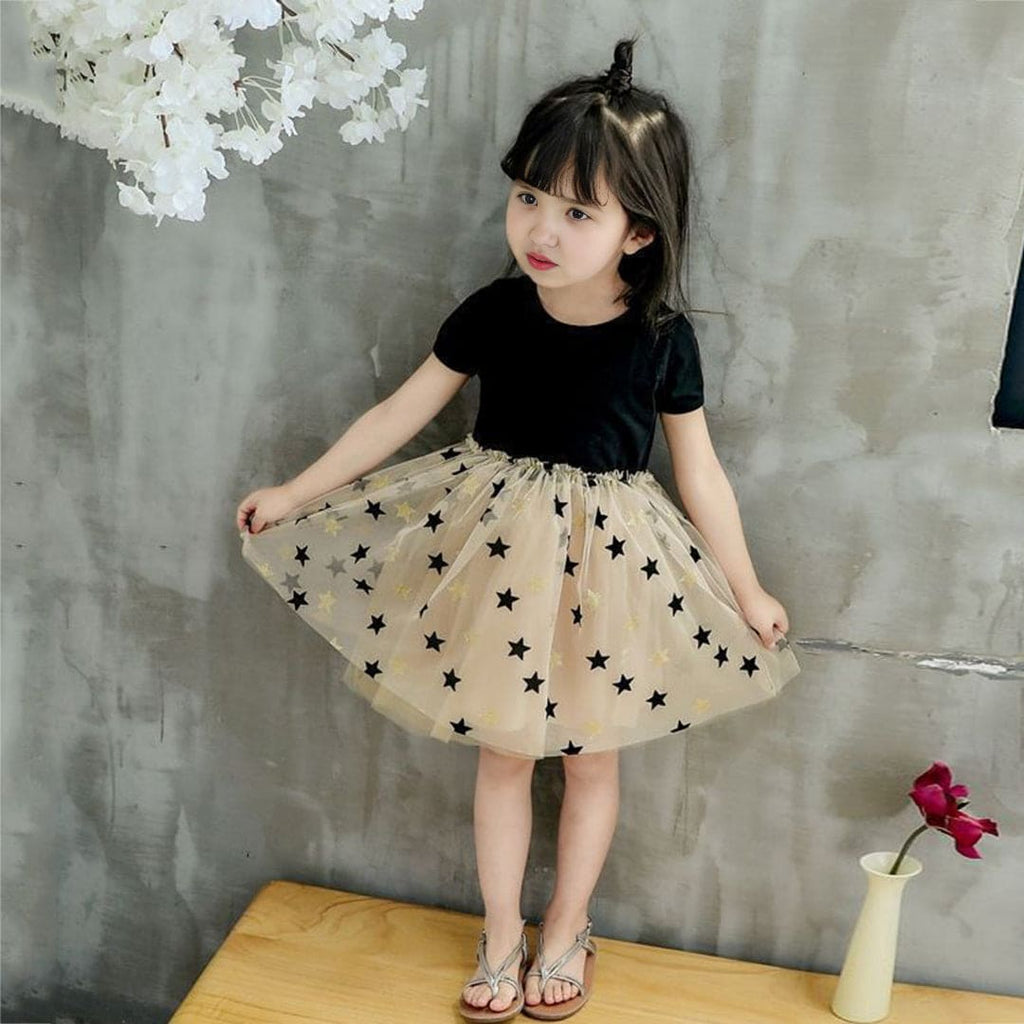 Girls Star Print Tulle Overlay Casual Dress Casual Dresses Black 1-2 Y 