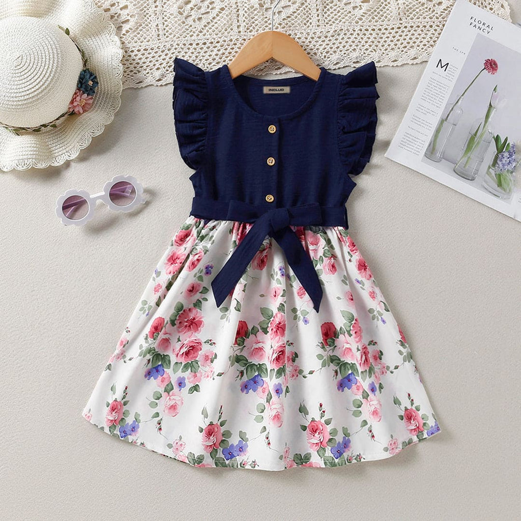 Girls Navy Blue Floral Print Fit & Flare Dress with Tie-Up Belt Casual Dresses Navy 2-3 Y 