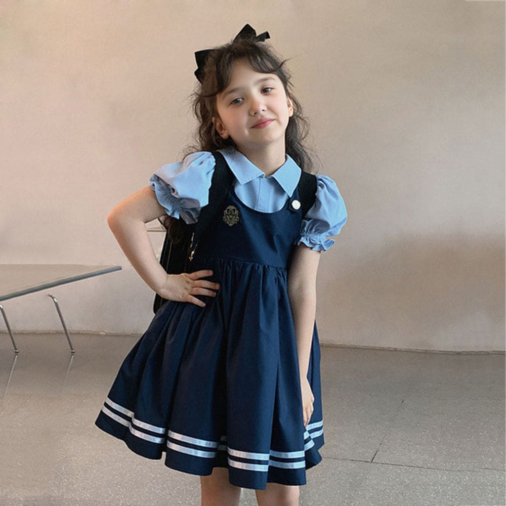 Girls Puff Sleeves Pinafore Style Casual Dress Casual Dresses Blue 1-2 Y 