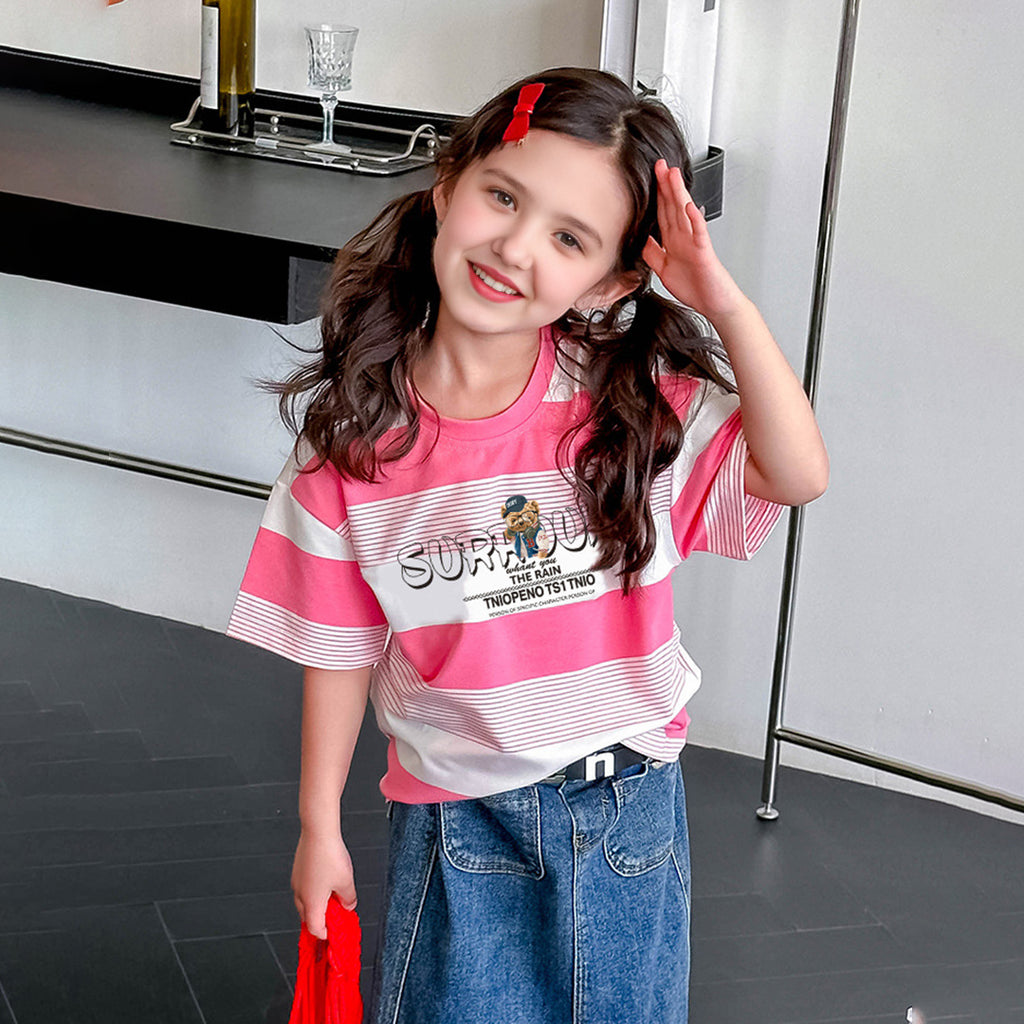 Girls Pink Striped Short Sleeves Oversized T-Shirt Tshirts Pink 1-2 Y 