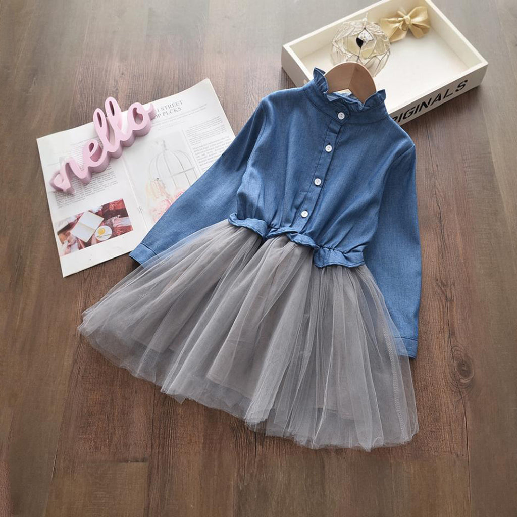 Girls Dark Blue Denim Bodice Long Sleeves Tulle Overlay Dress Casual Dresses Blue 1-2 Y 