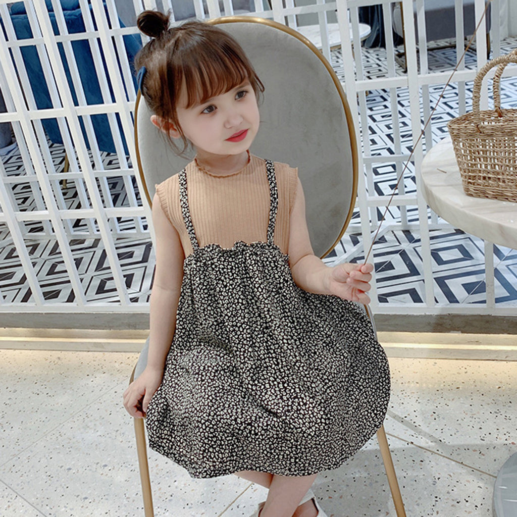 Girls Beige Floral Print Pinafore Style Casual Dress Casual Dresses Khaki 1-2 Y 