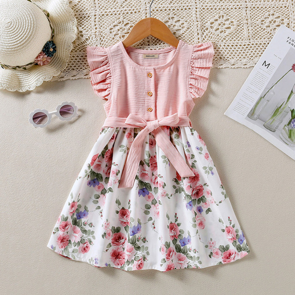 Girls Pink Floral Print Flutter Sleeves Fit & Flare Dress Casual Dresses Pink 2-3 Y 