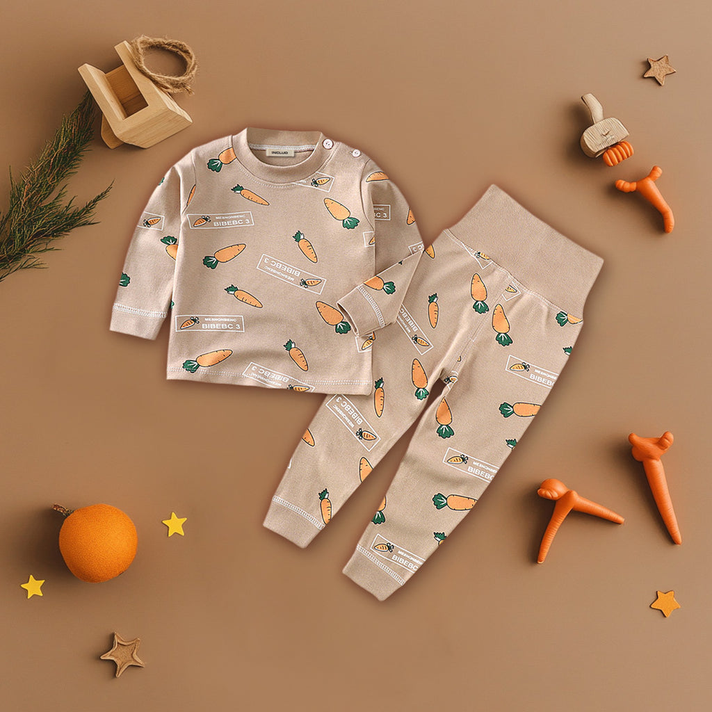 Boys Beige Carrot Printed T-Shirt With Wide Rib Waist Pants Set Sets Beige 1-2 Y 