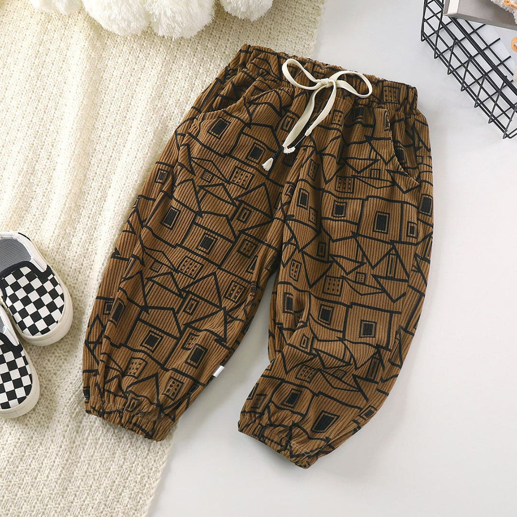 Girls Brown Printed Corduroy Hem Cuff Elasticated Pants Pants Brown 1-2 Y 