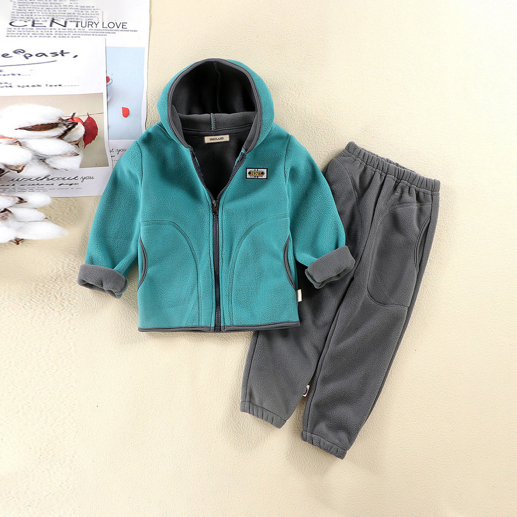 Boys Green Hooded Polar Fleece Jacket With Pants Set Sets   