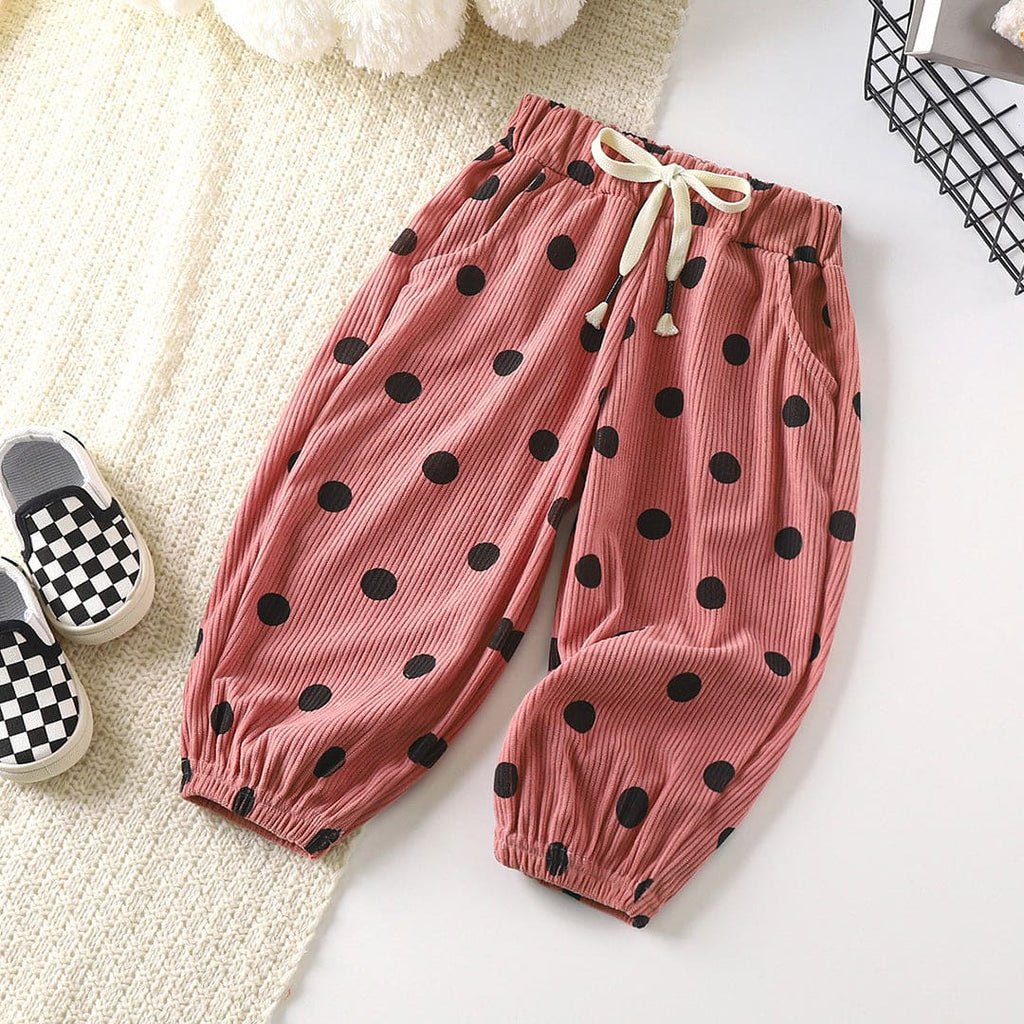 Girls Pink Polka Dot Printed Corduroy Hem Cuff Elasticated Pants Pants Pink 1-2 Y 