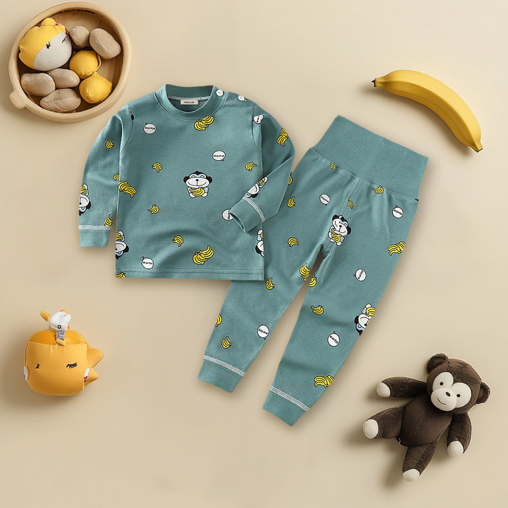 Boys Green Monkey Printed T-Shirt With Wide Rib Waist Pants Set Sets Green 1-2 Y 