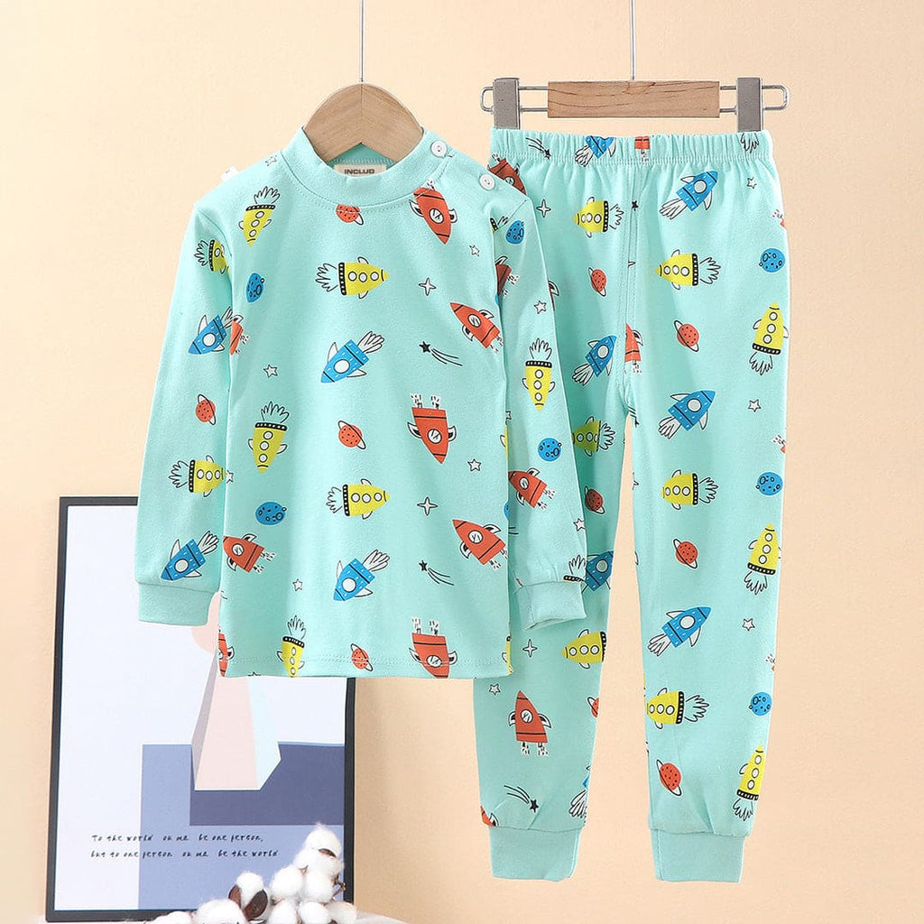 Boys Sea Green Long Sleeve Rocket Printed T-Shirt With Pants Set Sets Sea Green 1-2 Y 