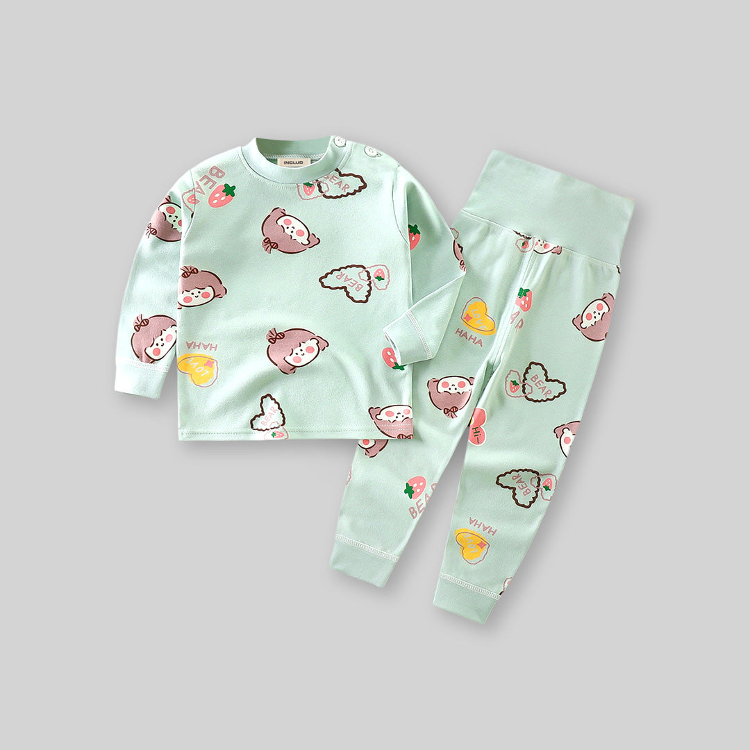 Girls Sea Green Heart Printed T-Shirt With Wide Rib Waist Pants Set Sets   