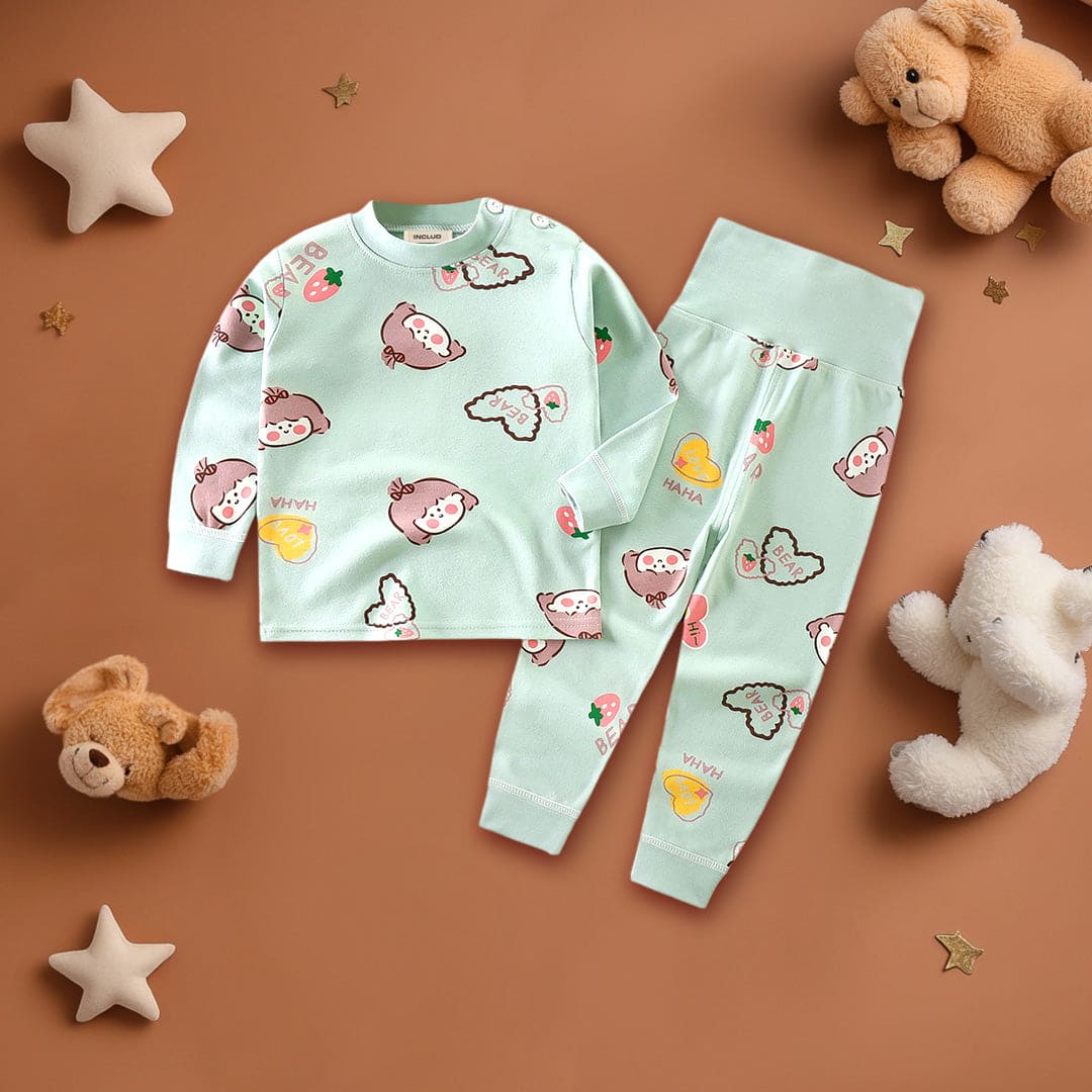 Girls Sea Green Heart Printed T-Shirt With Wide Rib Waist Pants Set Sets Sea Green 1-2 Y 