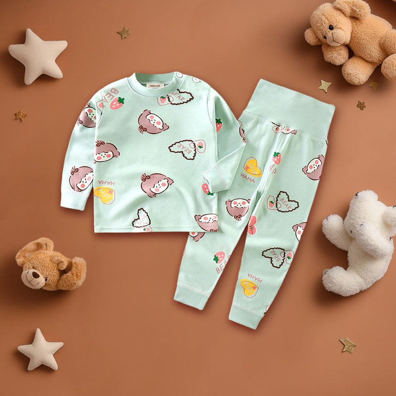 Girls Sea Green Heart Printed T-Shirt With Wide Rib Waist Pants Set Sets Sea Green 1-2 Y 