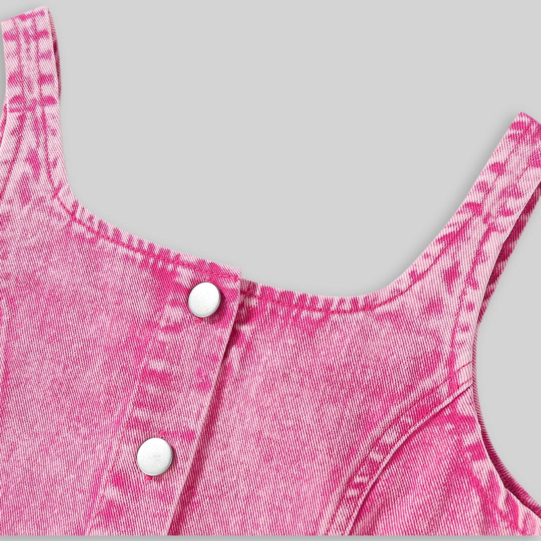 Girls Pink Sleeveless Denim Vest With Denim Skirt Set Sets