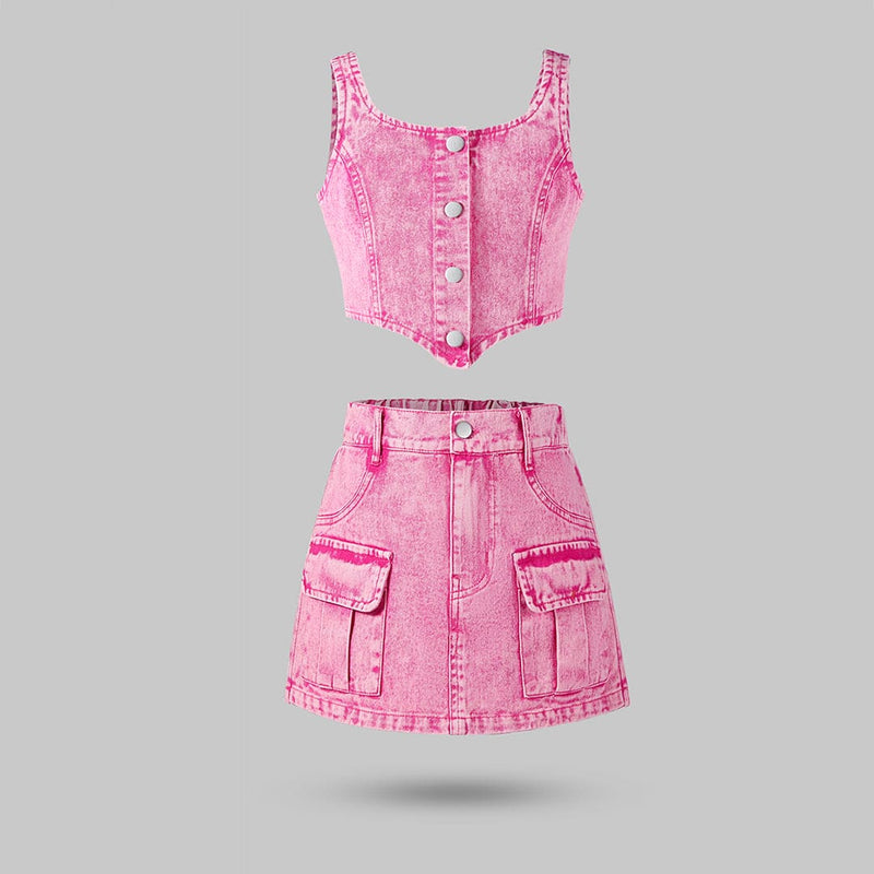 Girls Pink Sleeveless Denim Vest With Denim Skirt Set Sets Pink 8-9 Y