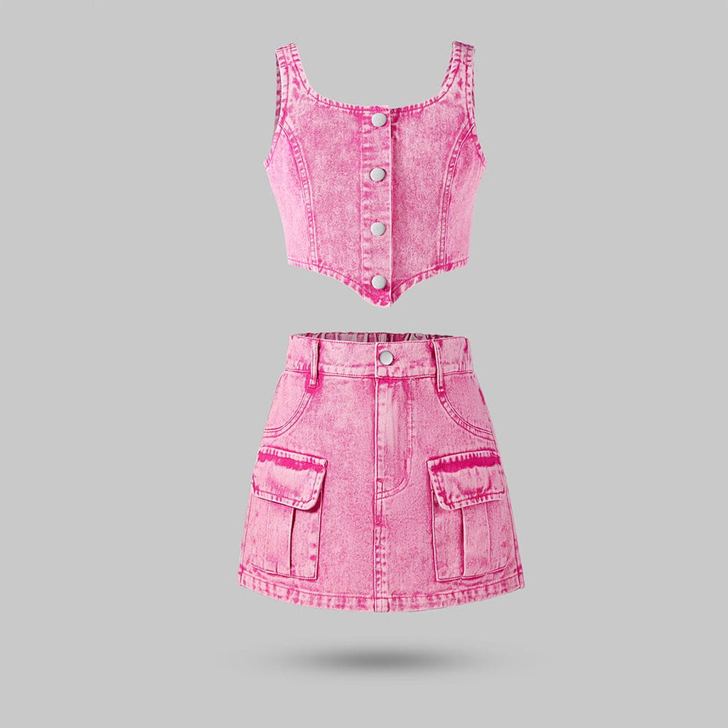 Girls Pink Sleeveless Denim Vest With Denim Skirt Set Sets Pink 8-9 Y