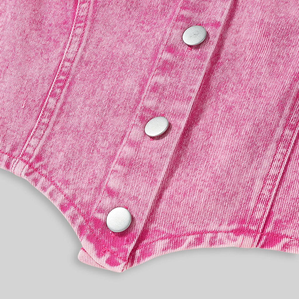 Girls Pink Sleeveless Denim Vest With Denim Skirt Set Sets