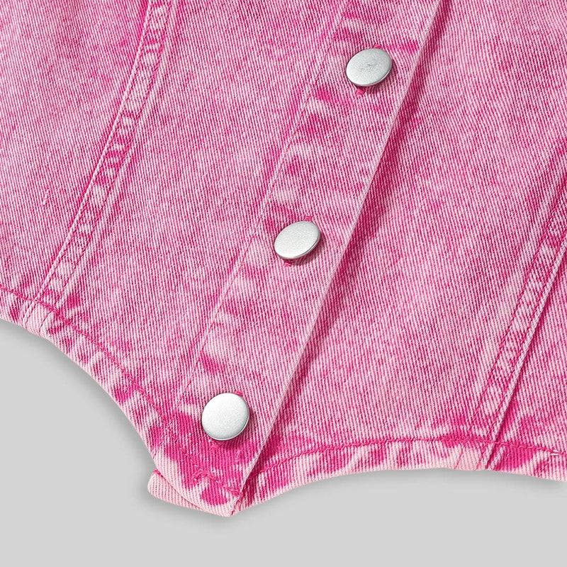 Girls Pink Sleeveless Denim Vest With Denim Skirt Set Sets