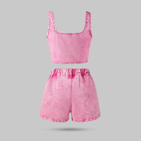 Girls Pink Sleeveless Denim Vest With Denim Skirt Set Sets