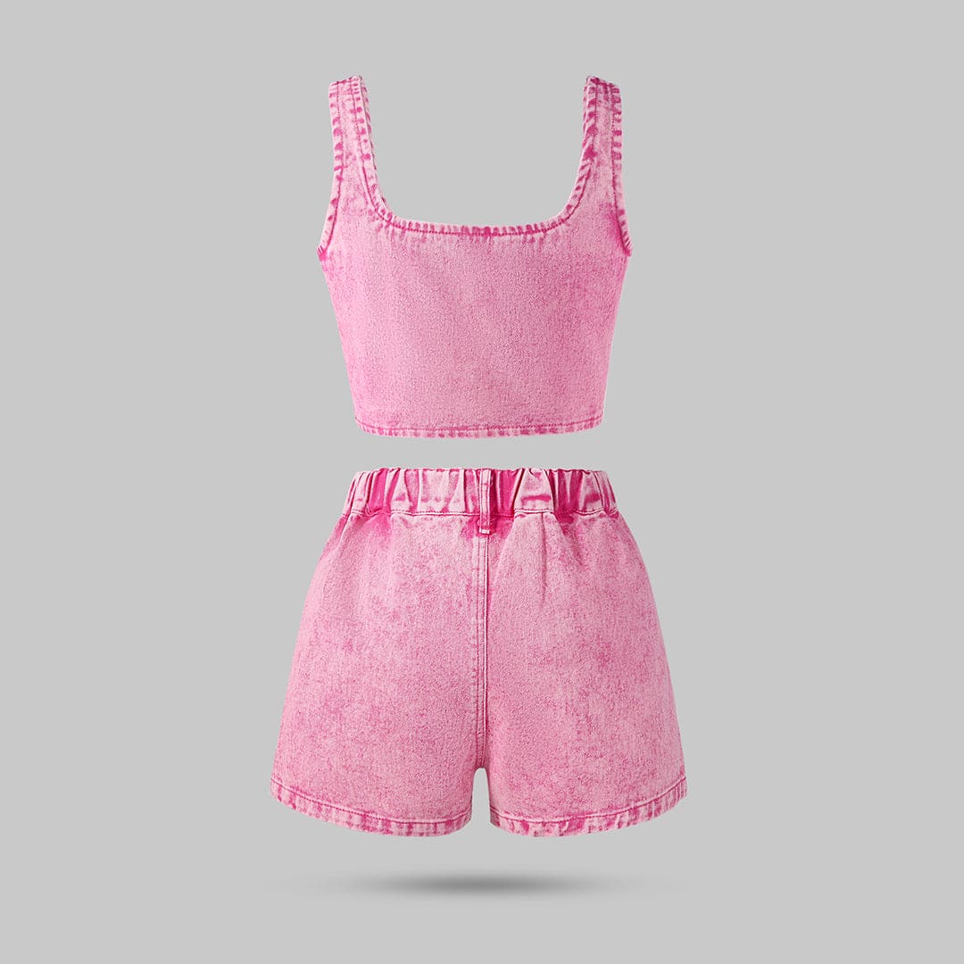 Girls Pink Sleeveless Denim Vest With Denim Skirt Set Sets