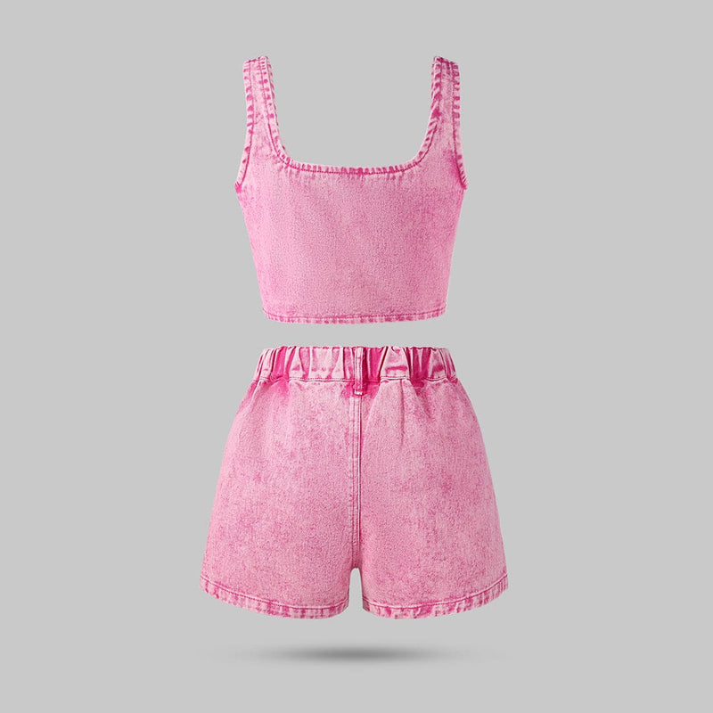 Girls Pink Sleeveless Denim Vest With Denim Skirt Set Sets