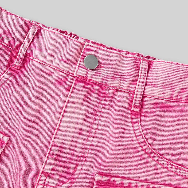 Girls Pink Sleeveless Denim Vest With Denim Skirt Set Sets