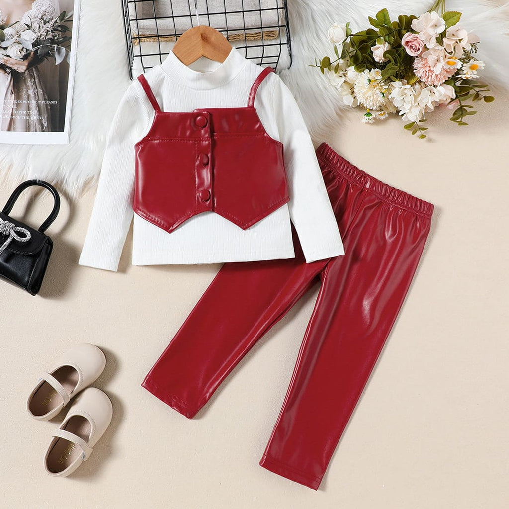 Girls Turtle Neck Top With Maroon Faux Leather Crop Jacket And Trouser Set Sets Maroon 1-2 Y 