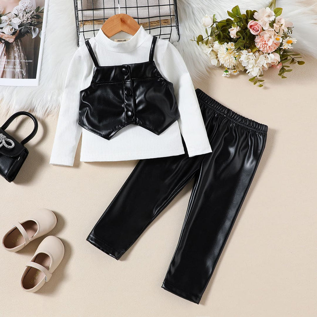 Girls Turtle Neck Top With Black Faux Leather Crop Jacket And Trouser Set Sets Black 1-2 Y 