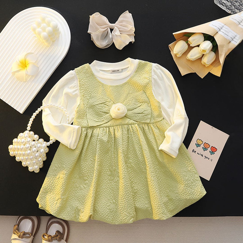 Girls Green Textured Flower Bow Fit & Flared Casual Dress Casual Dresses Green 1-2 Y 