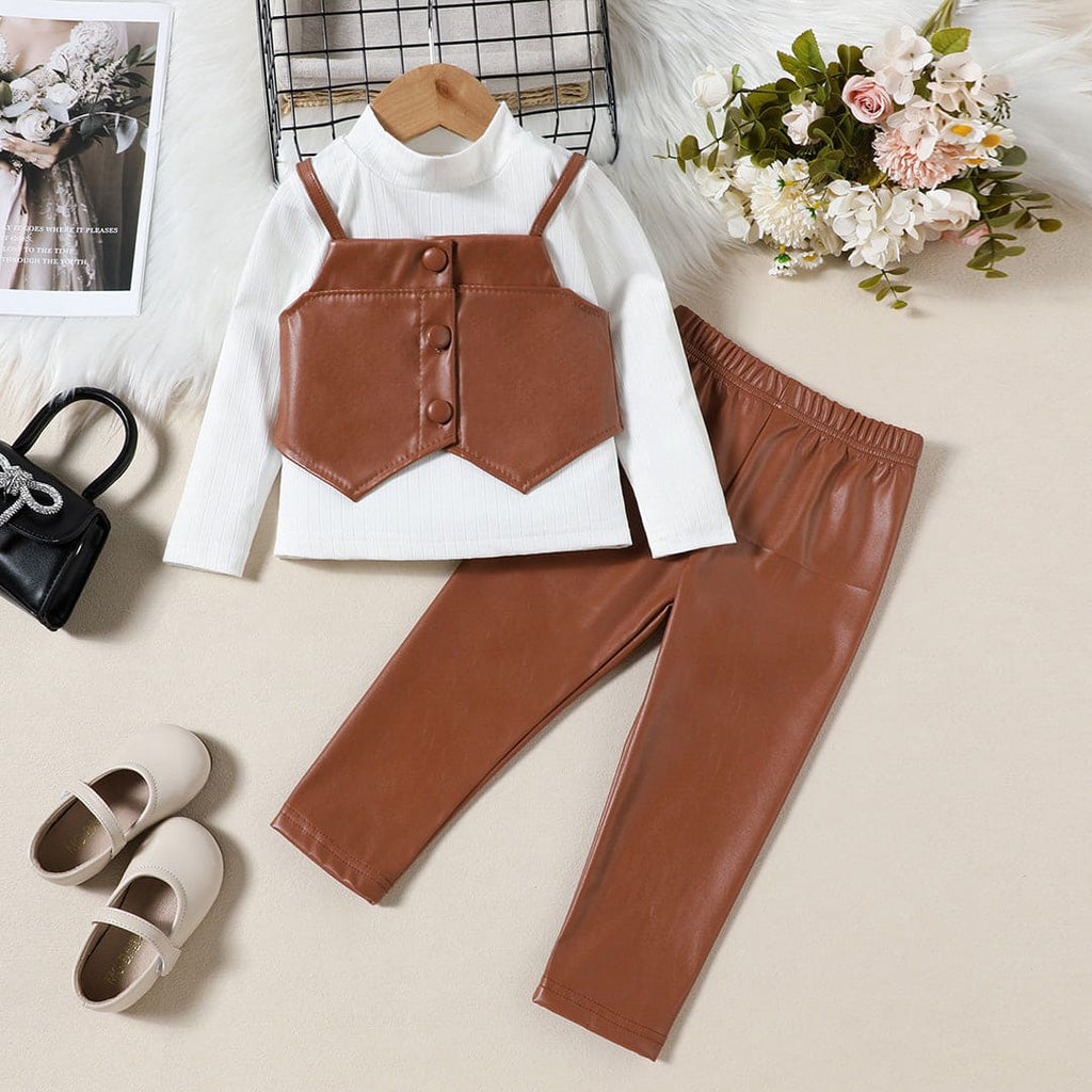 Girls Turtle Neck Top With Brown Faux Leather Crop Jacket And Trouser Set Sets Brown 1-2 Y 