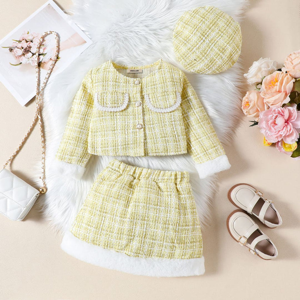 Girls Yellow Texture Crop Length Jacket With Skirt & Hat Set Sets Yellow 1-2 Y 