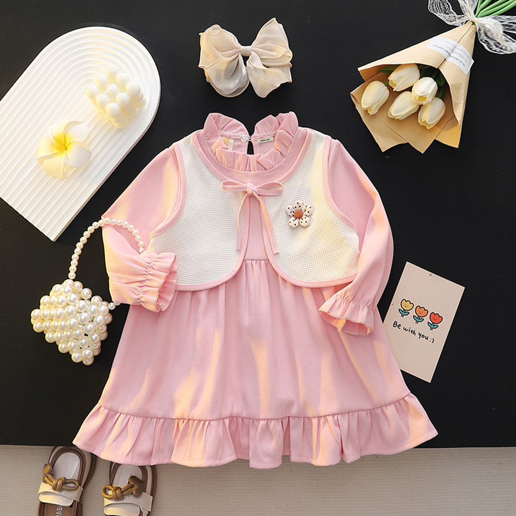 Girls Pink Attached Jacket Full Sleeves Ruffle Neck Casual Dress Casual Dresses Pink 1-2 Y 