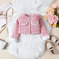 Girls Pink Texture Crop Length Jacket With Skirt & Hat Set Sets   