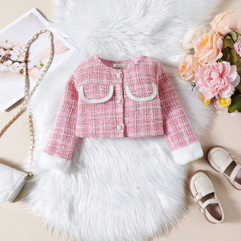 Girls Pink Texture Crop Length Jacket With Skirt & Hat Set Sets   