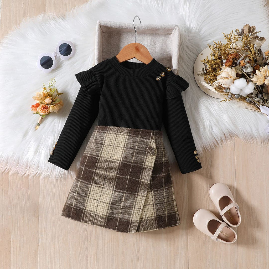 Girls Black Knitted Long Sleeves Top With Checkered Skort Set Sets Black 1-2 Y 