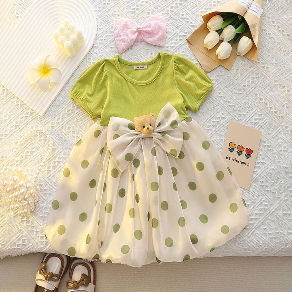 Girls Green Polka Dot Shorts Sleeves Balloon Dress Casual Dresses Green 1-2 Y 