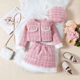 Girls Pink Texture Crop Length Jacket With Skirt & Hat Set