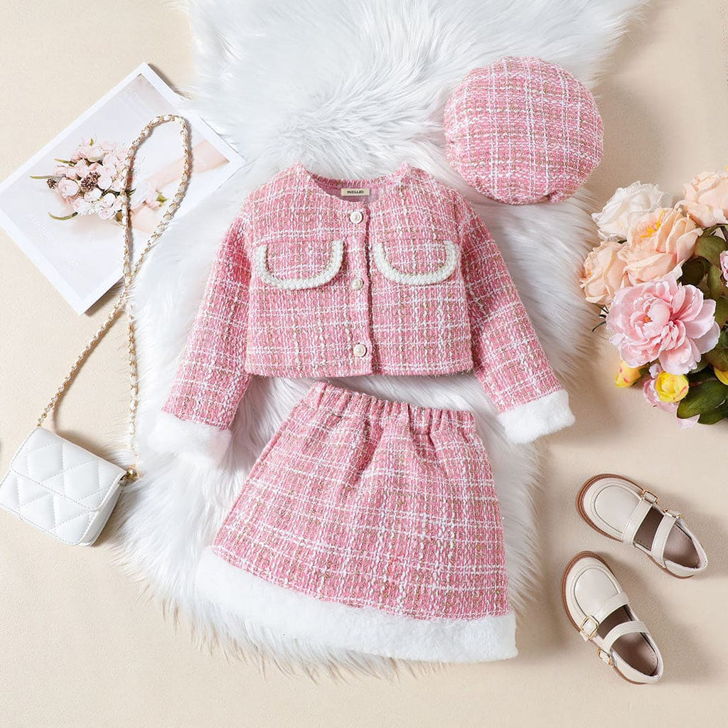 Girls Pink Texture Crop Length Jacket With Skirt & Hat Set Sets Pink 1-2 Y 