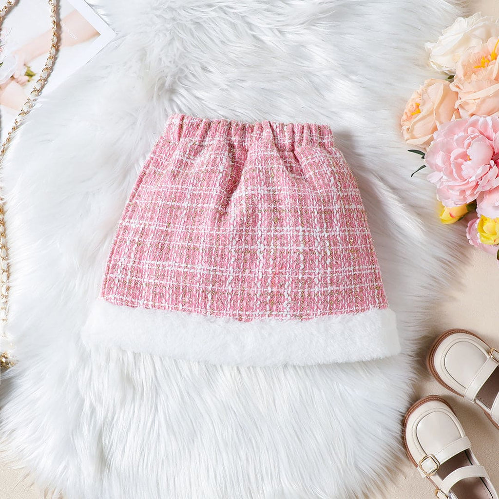 Girls Pink Texture Crop Length Jacket With Skirt & Hat Set Sets   