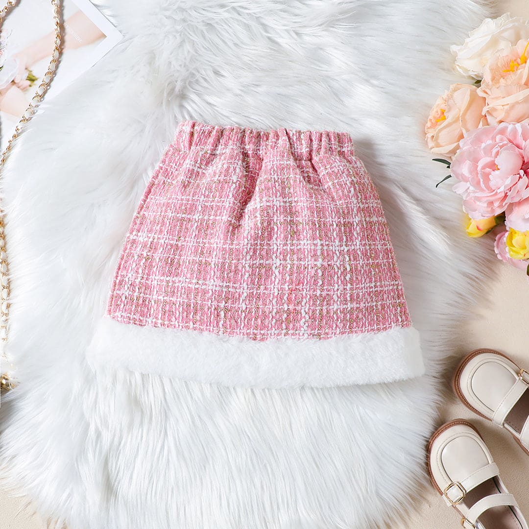 Girls Pink Texture Crop Length Jacket With Skirt & Hat Set Sets   