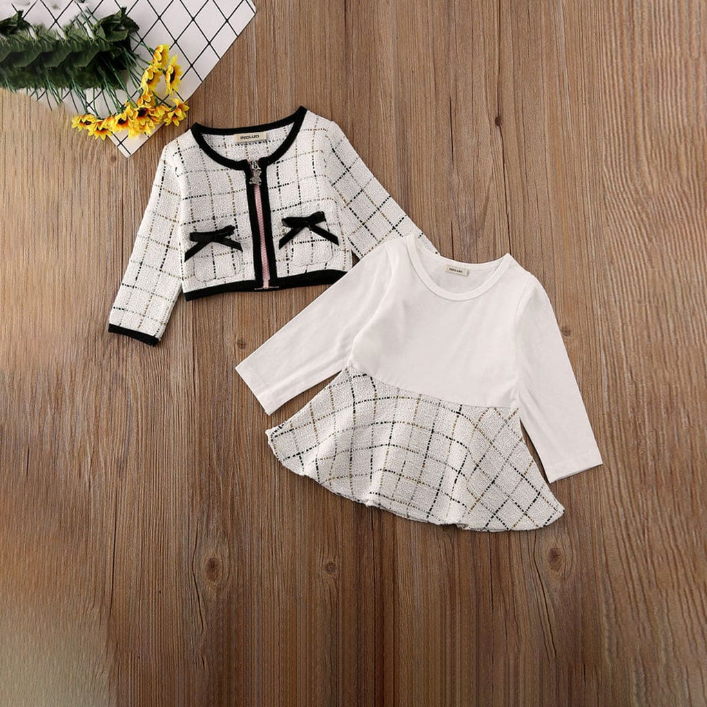 Girls Long Sleeves Dress With Crop Length Knitted Jacket Set sets White 1-2 Y 