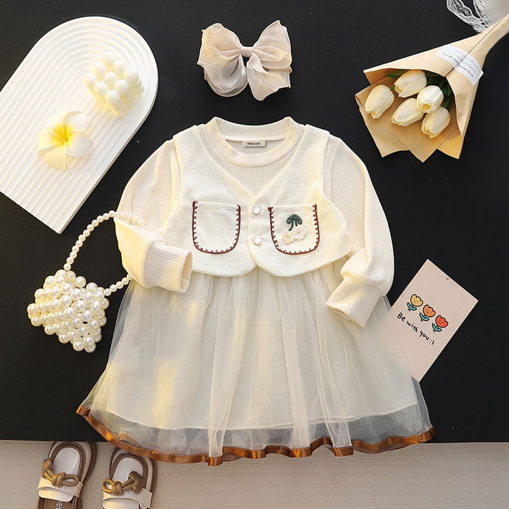 Girls White Jacket Attached Full Sleeves Fit & Flare Dress Casual Dresses White 1-2 Y 