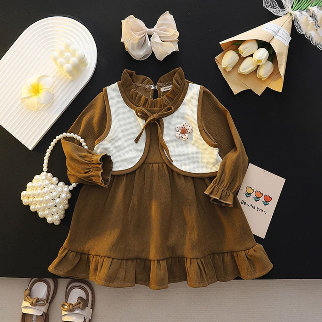 Girls Brown Full Sleeves Ruffle Collar Casual Dress with Vest Coat Casual Dresses Brown 1-2 Y 