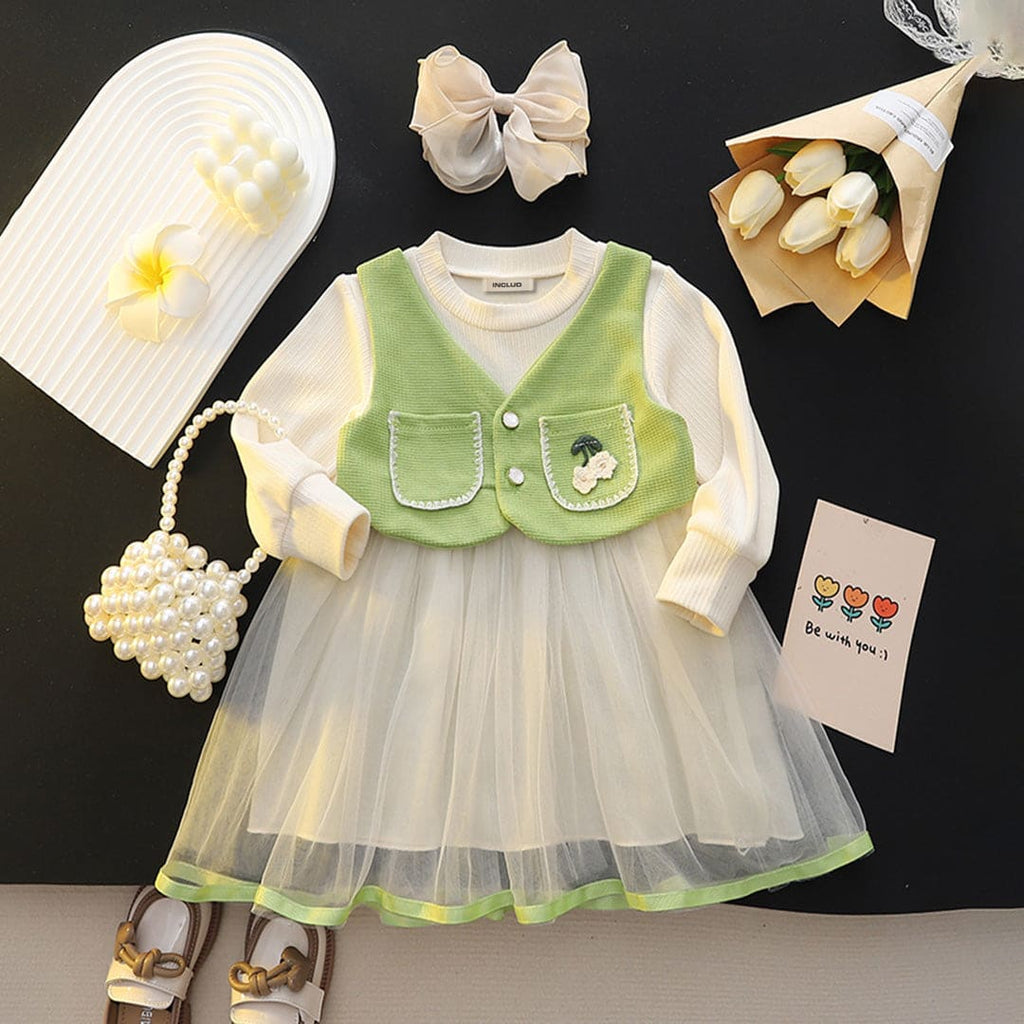 Girls Green Jacket Attached Full Sleeves Fit & Flare Dress Casual Dresses Green 1-2 Y 