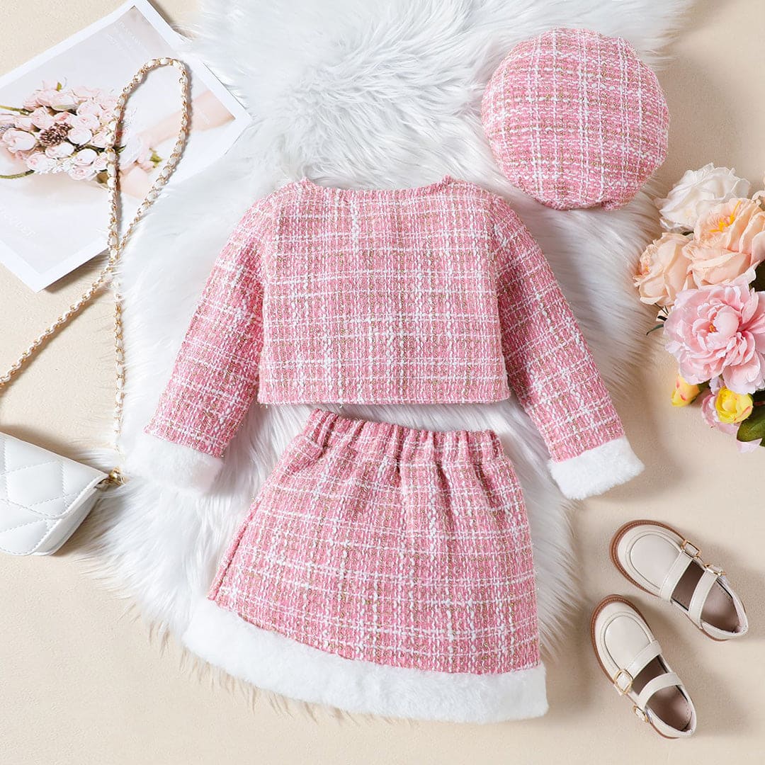 Girls Pink Texture Crop Length Jacket With Skirt & Hat Set Sets   