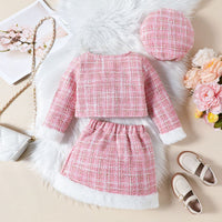 Girls Pink Texture Crop Length Jacket With Skirt & Hat Set Sets   