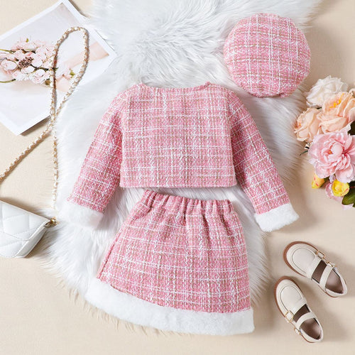 Girls Pink Texture Crop Length Jacket With Skirt & Hat Set Sets   