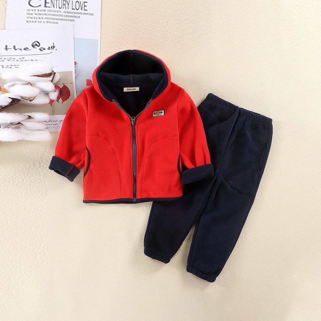 Boys Red Hooded Polar Fleece Jacket With Pants Set Sets Red 1-2 Y 