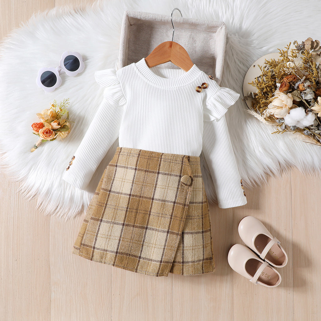 Girls White Knitted Long Sleeves Top With Checkered Skort Set Sets White 1-2 Y 